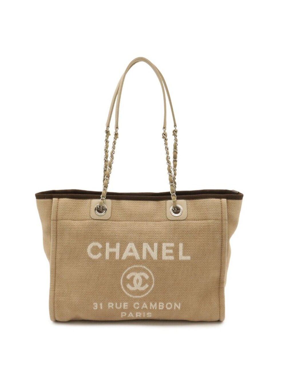 Chanel Deauville Line Tote MM Medium Chain Shoulder Bag Beige Brown Silver